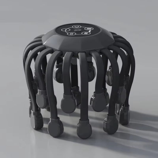 Black massage stool with multiple legs on a gray background