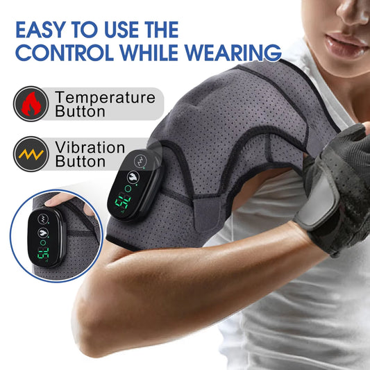 Person using a shoulder massager with control panel, text indicating features.